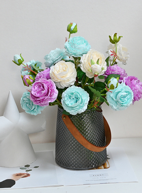 仿生高档陶瓷玻璃小花瓶假花仿真牡丹花摆设摆件客厅插花仿真花艺