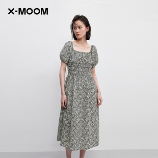 新款 MOOM夏季 泡泡底黑色小碎花纯棉连衣裙女 商场同款