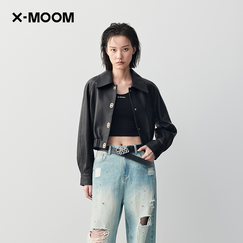 【商场同款】X--MOOM2023秋季新款复古港风全羊皮夹克式皮衣外套