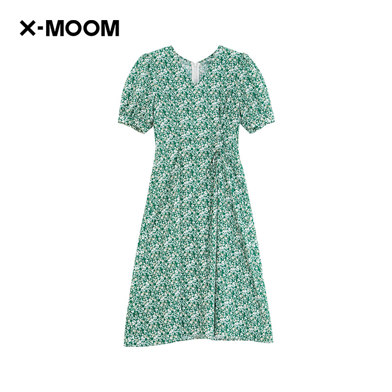 【商场同款】X--MOOM2023夏季新款腰部双抽绳绿色小碎花连衣裙女