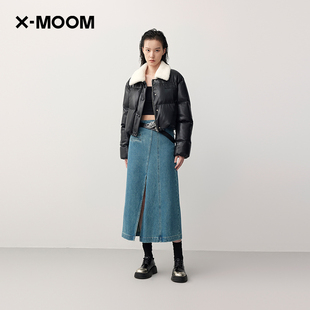 MOOM冬季 新款 商場(chǎng)同款 光亮面翻領(lǐng)短款 保暖鵝絨羽絨服