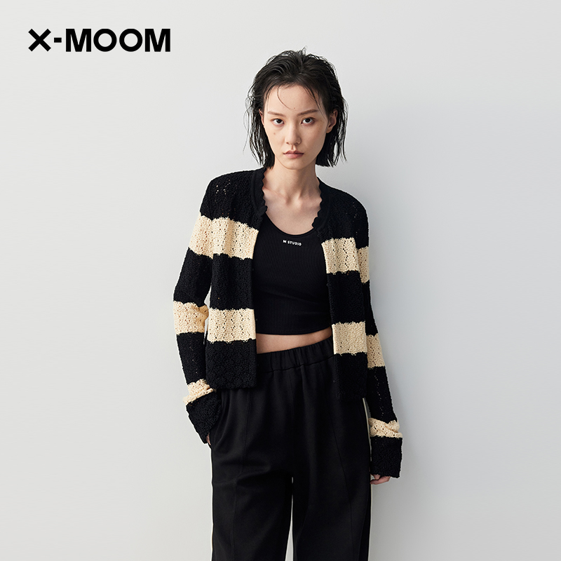 【商场同款】X--MOOM2023秋季新款宽条撞色提花长袖全棉针织衫女