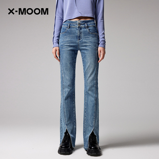 【商场同款】X--MOOM秋季新款弹力分割开衩高腰微喇牛仔裤女