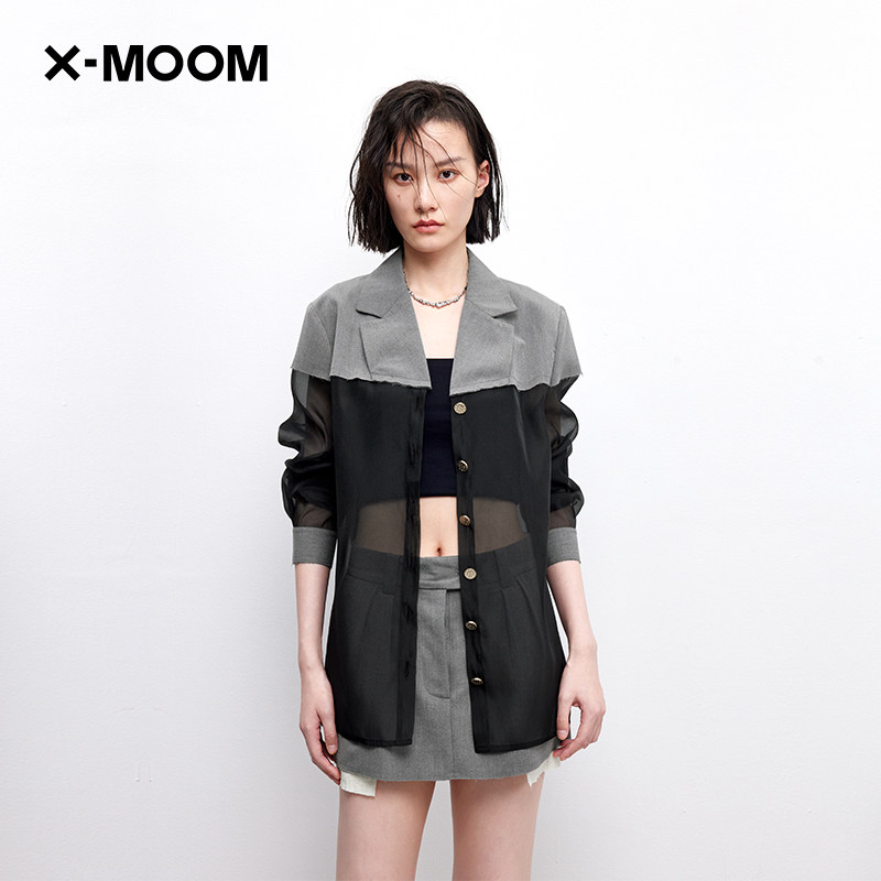 X--MOOM拼欧根纱宽肩西装外套