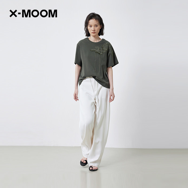 【商场同款】X--MOOM2025夏季新款设计感流苏镂空刺绣短款短袖T恤