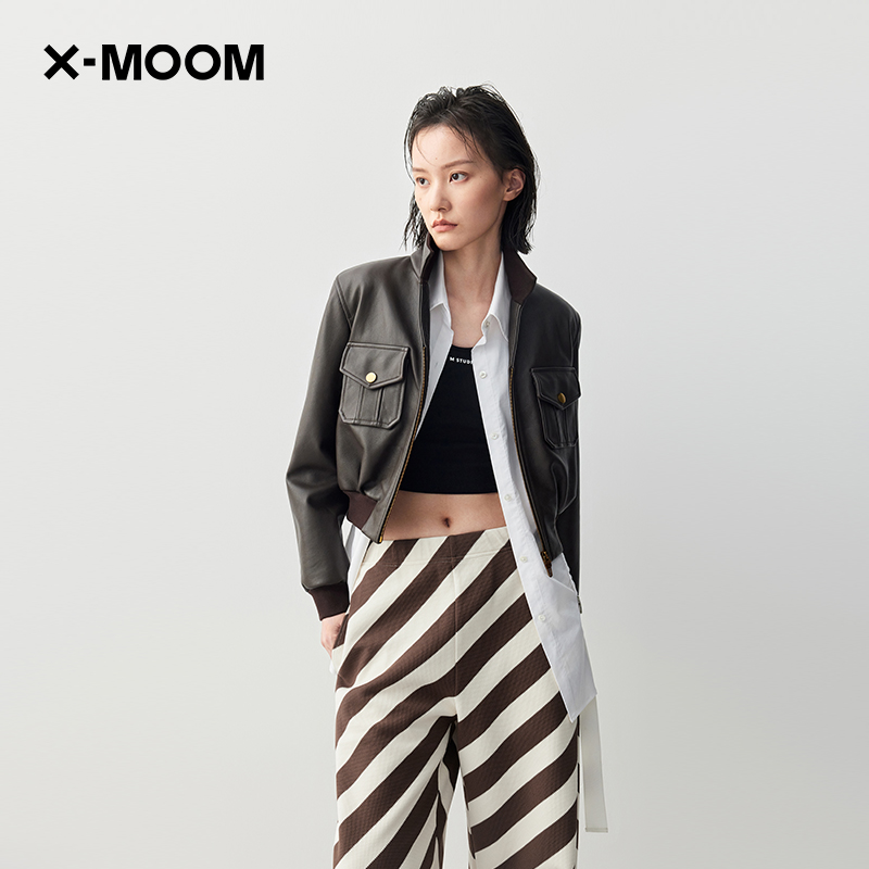 【商场同款】X--MOOM2023秋季新款荔枝纹牛皮小立领夹克式皮衣女