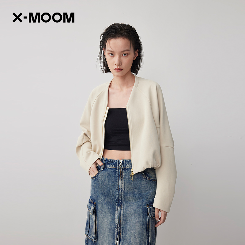 【商场同款】X--MOOM2024春季新款蝙蝠袖无领双开拉链卫衣外套女