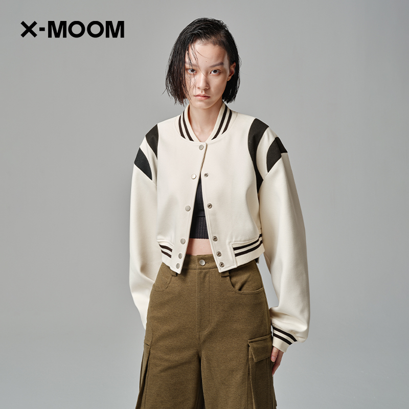 【商场同款】X--MOOM春秋新款肩部撞色磨毛料短款棒球服夹克外套