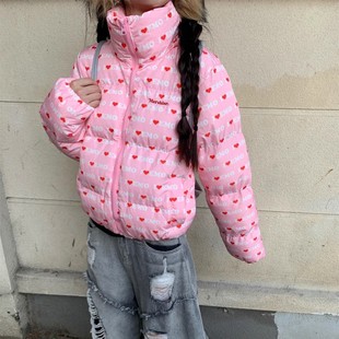 美式复古爱心字母立领短款棉服外套女冬季宽松保暖面包服