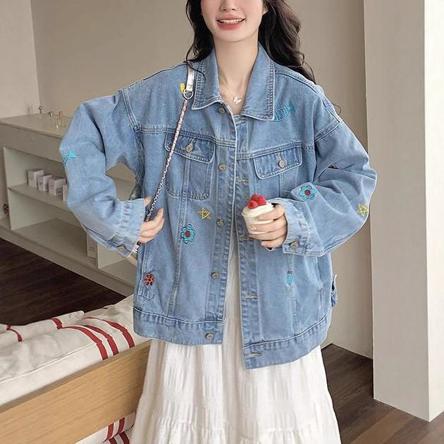 蓝色牛仔刺绣外套女秋超