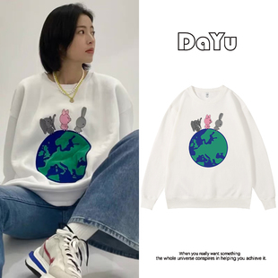 周雨彤明星同款白色圆领卫衣女加绒设计感小众oversize长袖上衣潮