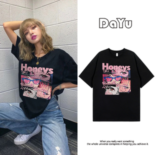 Lisa明星同款黑色短袖t恤女2025夏季小众设计韩版宽松慵懒风上衣