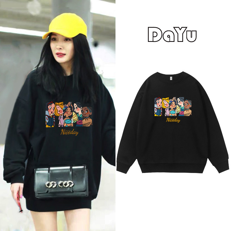 明星同款黑色卡通卫衣女2025新款设计感小众早秋宽松情侣外套上衣