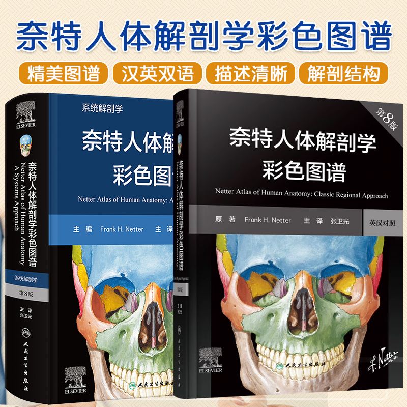 正版2本 奈特人体解剖学彩色图谱第8八版+系统解剖学英汉对照 人民卫生出版社 神经系统和感觉器脑神经与颈神经常用视图放射学影像