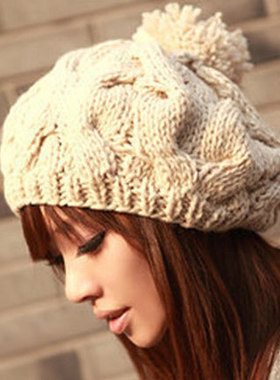 韩版麻花贝雷帽毛线秋冬季针织套头帽韩国绒线帽女冬天帽子休闲潮