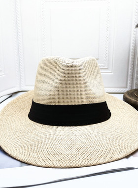 新品男女米色出游大檐平檐休闲贴布咖啡高顶户外遮阳帽白草编礼帽