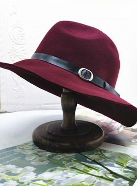 2025新款羊毛面料7厘米宽檐酒红色礼帽户外保暖均码女士冬平檐帽