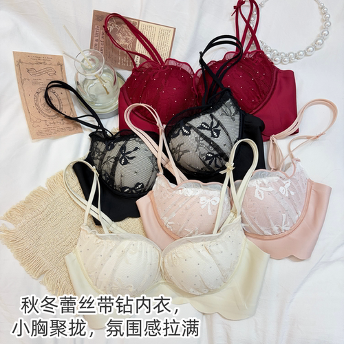 纯欲性感法式蕾丝细闪钻内衣女小胸聚拢显大纯欲风高级套装文胸