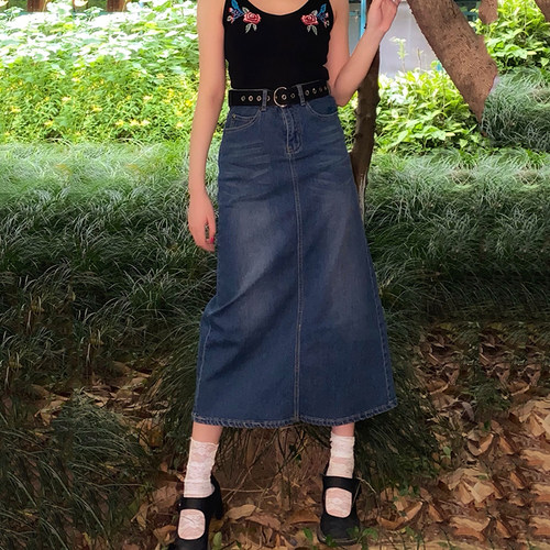vintage牛仔长裙做旧千禧蹦迪复古女孩中长款牛仔半身裙女秋新款 - 封面