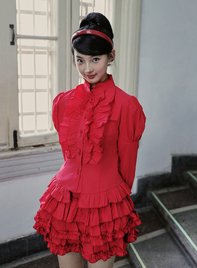 南君哥特复古花边灯笼袖小众设计衬衫蛋糕裙红色套装亚文化万圣节