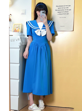 南君原创复古昭和少女复古蓝色jk风格高腰短袖泡泡袖学院风连衣裙