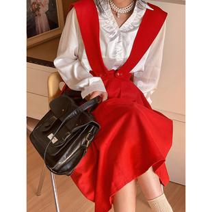 南君原创复古港风红色背带连衣裙昭和少女制服百褶半身裙2022新款