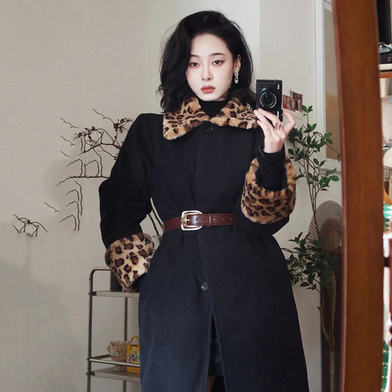 黑色豹纹毛呢大衣夹棉棉棉衣
