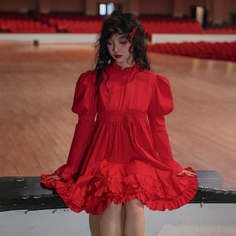 棉A字连衣裙红色原创设计蓬蓬裙