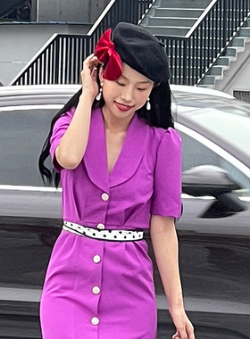 南君原创设计港风复古法式v领高腰收腰显瘦紫色连衣裙长今年流行