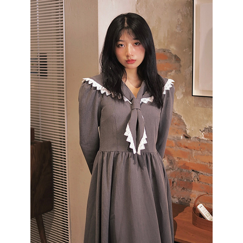 南君秋季新品 【烟火梦】jk制服风格海军领灰色长袖连衣裙长裙