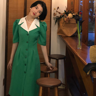 新品 南君原创复古港风衬衫 绿色连衣裙夏季 短袖 今年流行 领泡泡袖