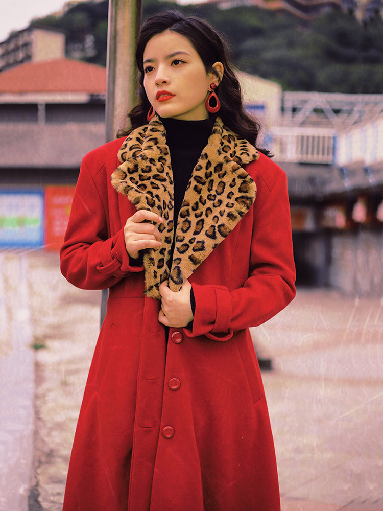 vintage古着风酒红色豹纹领毛呢