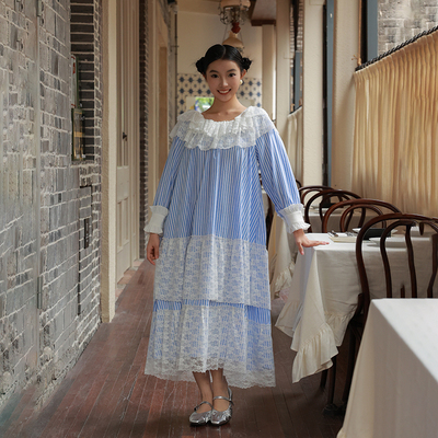 南君 「假想学院」miu系千金风法式蓝色条蕾丝重工连衣裙宽松长裙