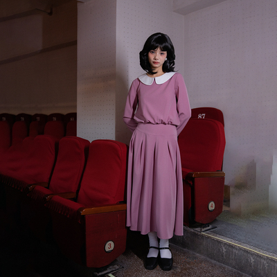 南君「美智子」树莓色日制设计感学生少女腰封娃娃领假两件连衣裙