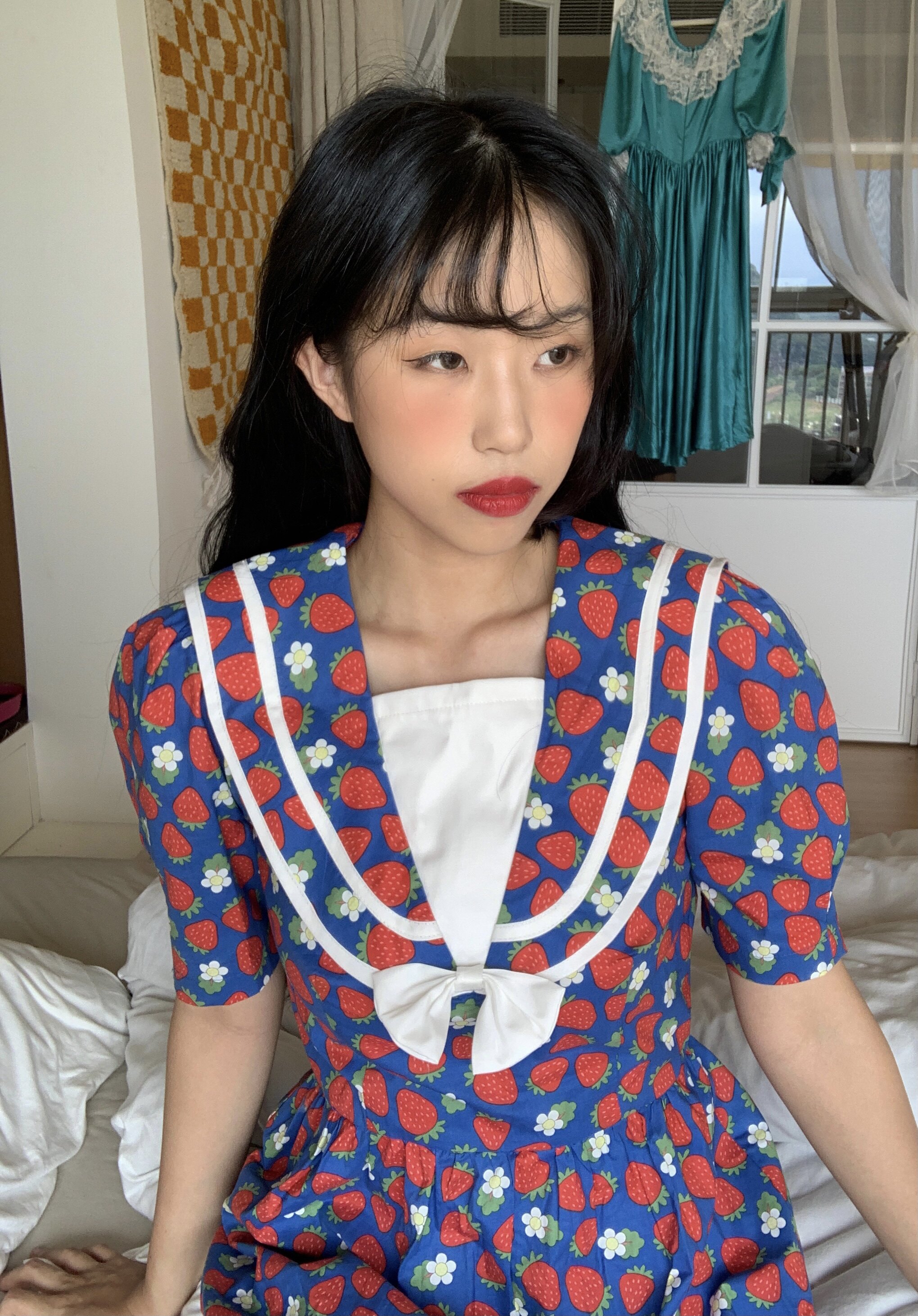 南君原创复古草莓jk制服短袖全棉高腰收腰连衣裙