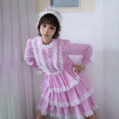 南君丨10月8日上新丨「莓果幻梦」粉白条纹蕾丝萝莉蛋糕裙