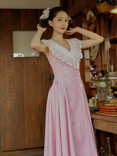 南君［粉仙仙］2023新款复古小众设计少女粉双排扣V领收腰连衣裙