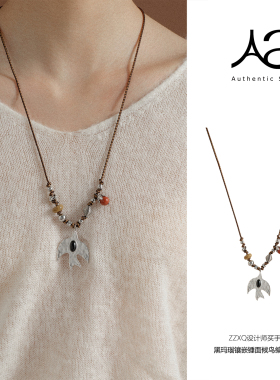 ZZXQ买手店设计师品牌真己新品天然石黑玛瑙镶嵌锤纹候鸟编绳项链