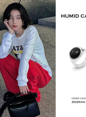 HUMID CAVE原创中性时尚复古镶嵌圆型黑玛瑙宝石大戒指周雨彤同款