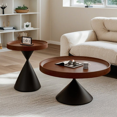 中古风圆形实木茶几金属