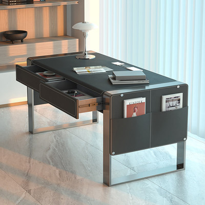 意式极简轻奢马鞍皮书桌