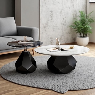 现代简约高低款 意式 天然微晶石圆形茶几轻奢客厅小户型极简设计款