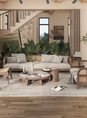 酒店大堂接待区沙发组合民宿休闲区实木沙发售楼处洽谈区卡座定制