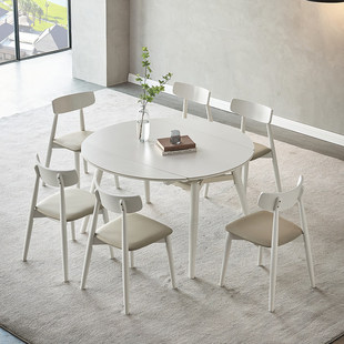 可伸缩折叠岩板圆桌子现代简约家用小户型实木奶油风格 餐桌椅组合