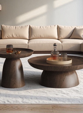 极简创意圆形茶几黑胡桃木客厅家用小户型设计师中复古高端侘寂风