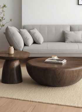 极简茶几高级感实木圆形简约中复古小户型客厅家用侘寂风黑胡桃木