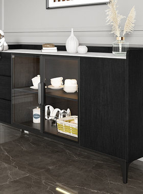 法式中古风黑色餐边柜岩板备餐小户型餐厅隔断橱柜客厅靠墙沙发