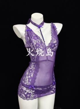 火烧岛 性感蕾丝透视镂空绑带睡裙