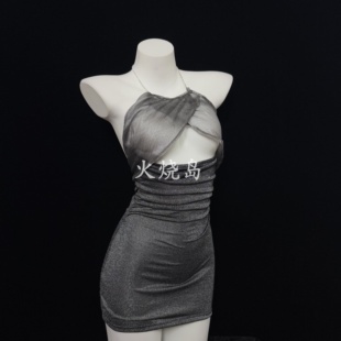 火烧岛 【南半球】性感细闪银丝挂脖秘书包臀裙