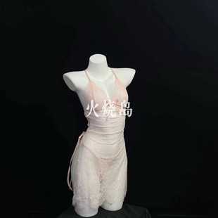 火烧岛 性感蕾丝绑带挂脖露背镂空高开衩裙